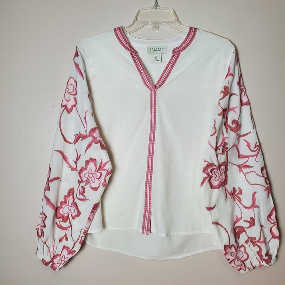 Calypso St. Barth Tops - Calypso St Barth Women's Large Embroidered Balloon Sleeves Pink White Floral